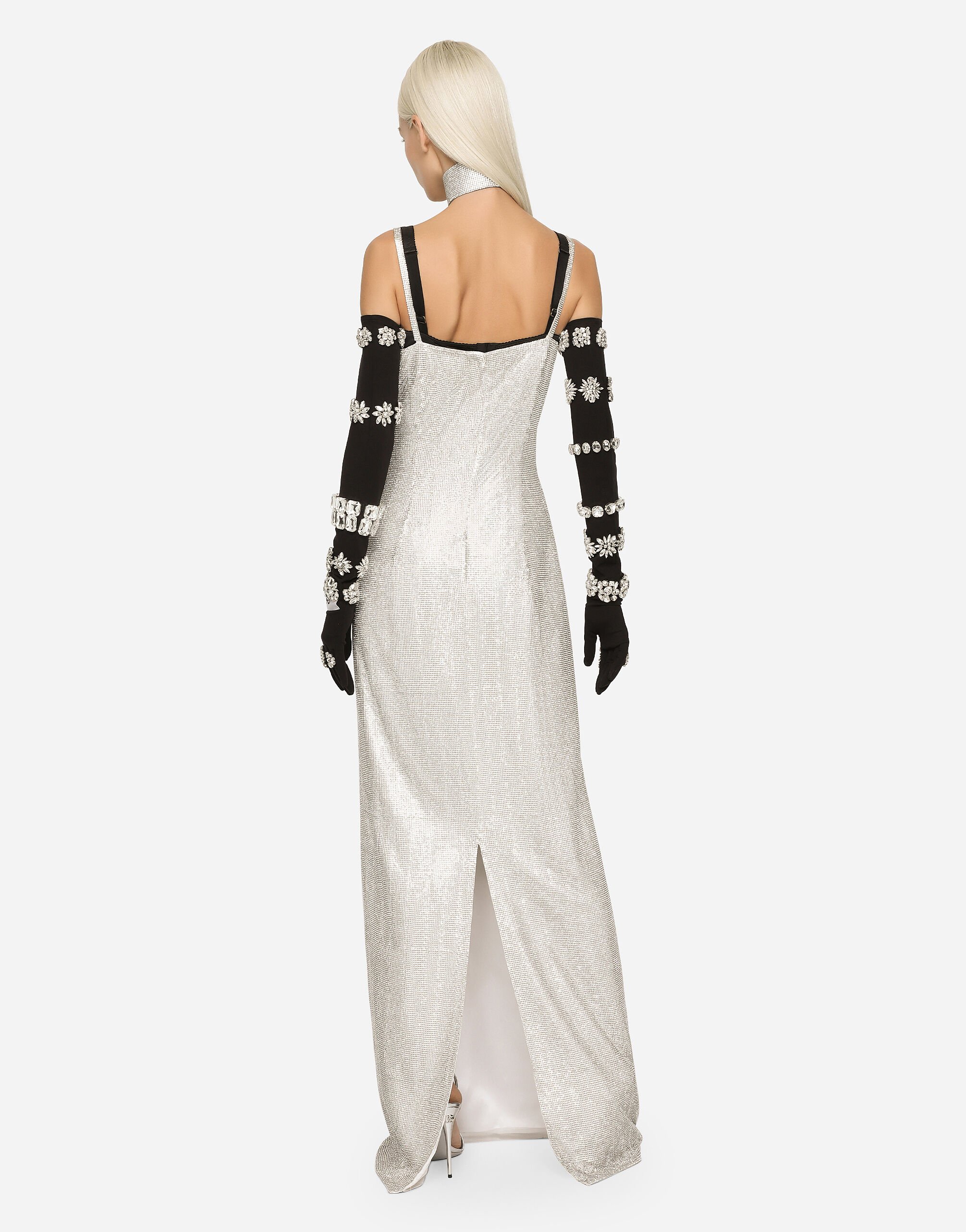 KIM DOLCE&GABBANA Long crystal mesh slip dress in Multicolor