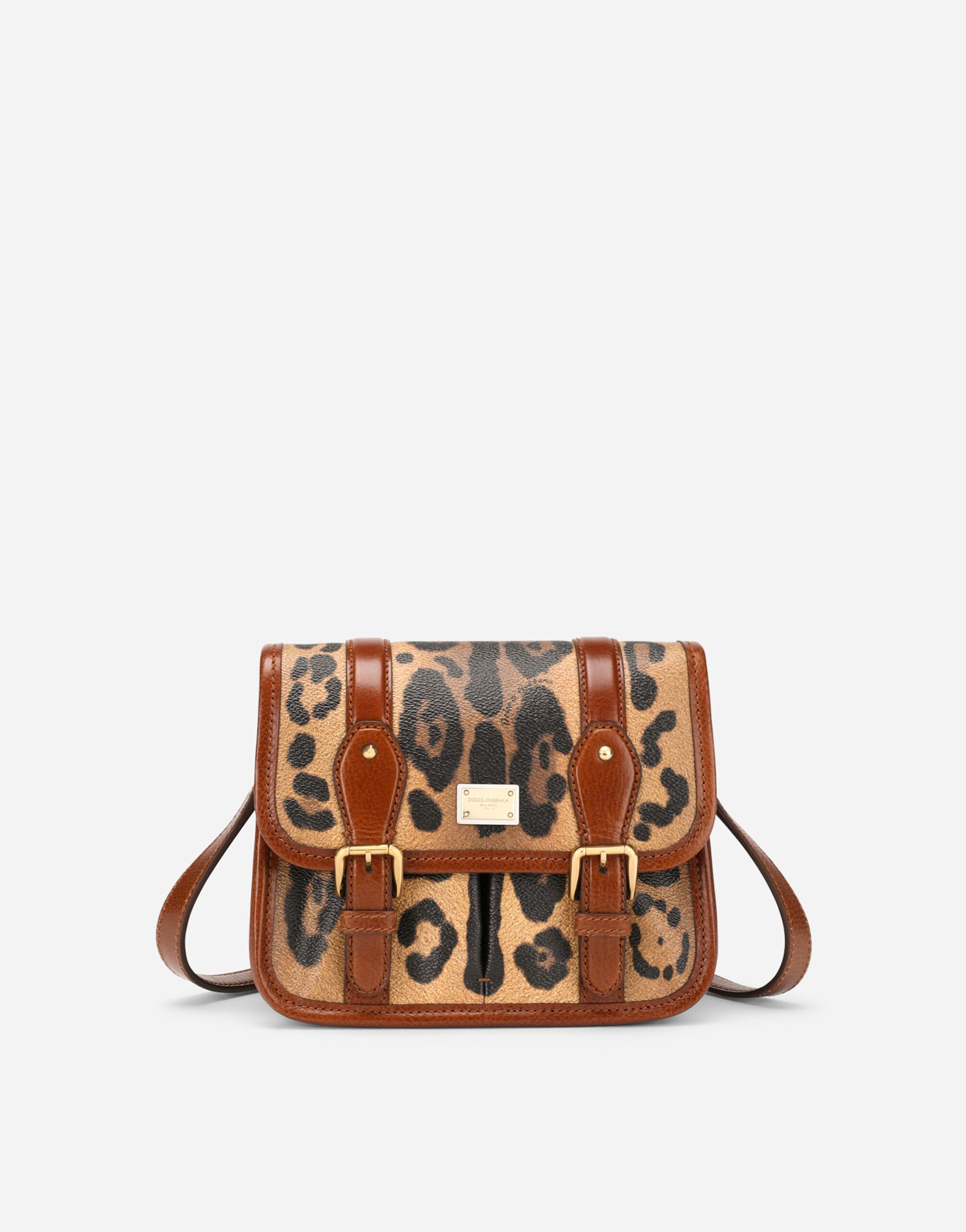 Dolce & Gabbana Small messenger bag in leopard-print Crespo with branded plate Brown BB7116A8N23