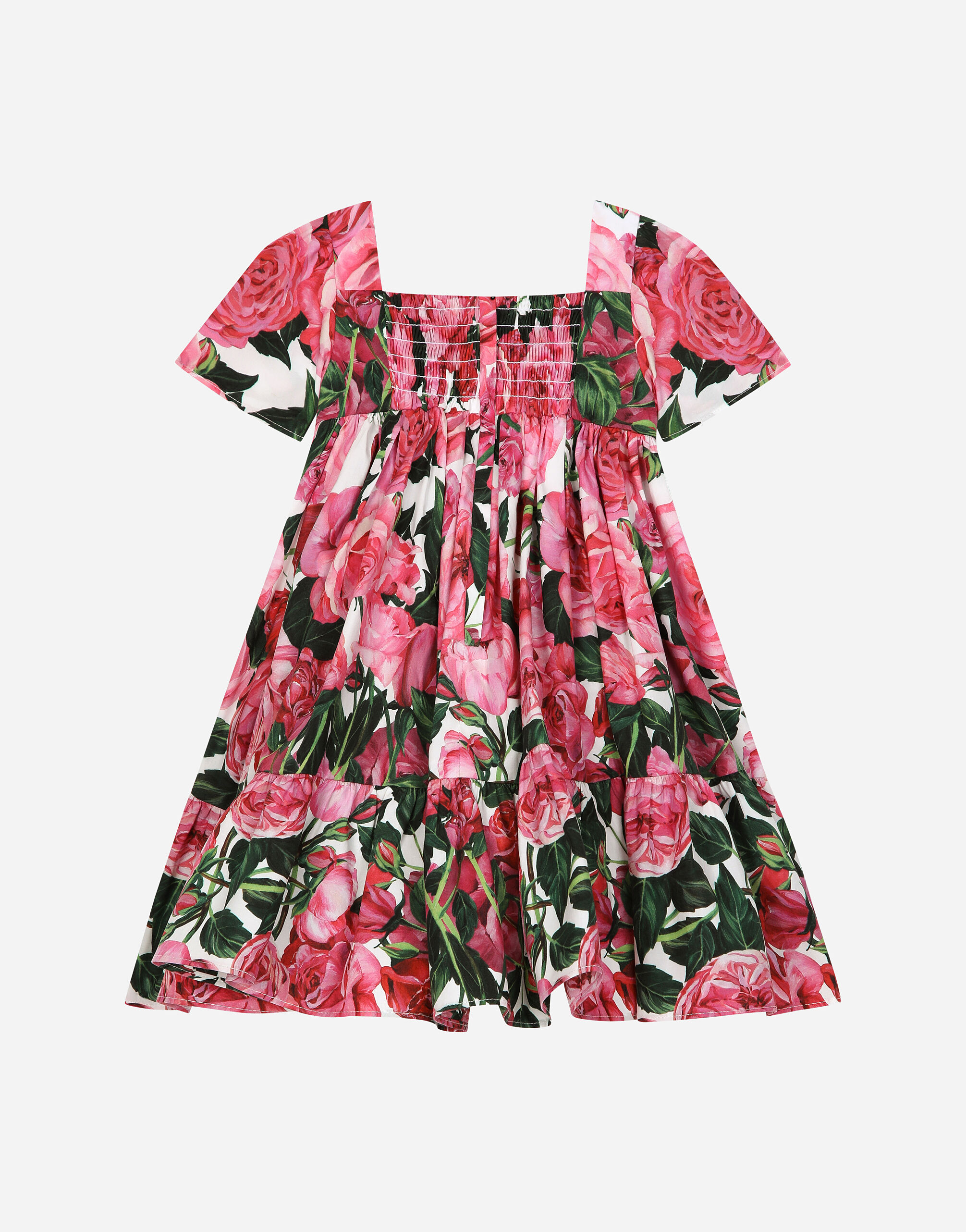 Poplin dress with rose print over a white background in Print for Girls Dolce Gabbana US