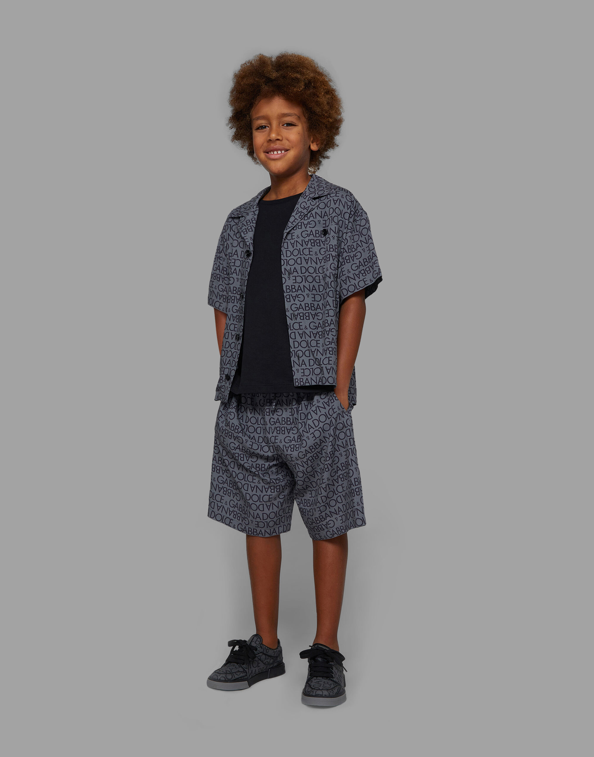 Viscose bowling shirt with the all over logo print in Grey for Boys Dolce Gabbana US
