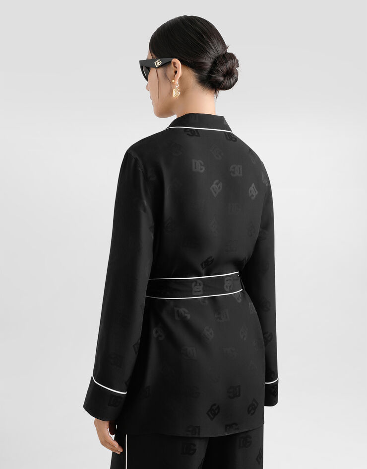 Dolce & Gabbana Camicia pigiama manica lunga in raso di seta jacquard logo DG Nero F5I89TFJ1JO
