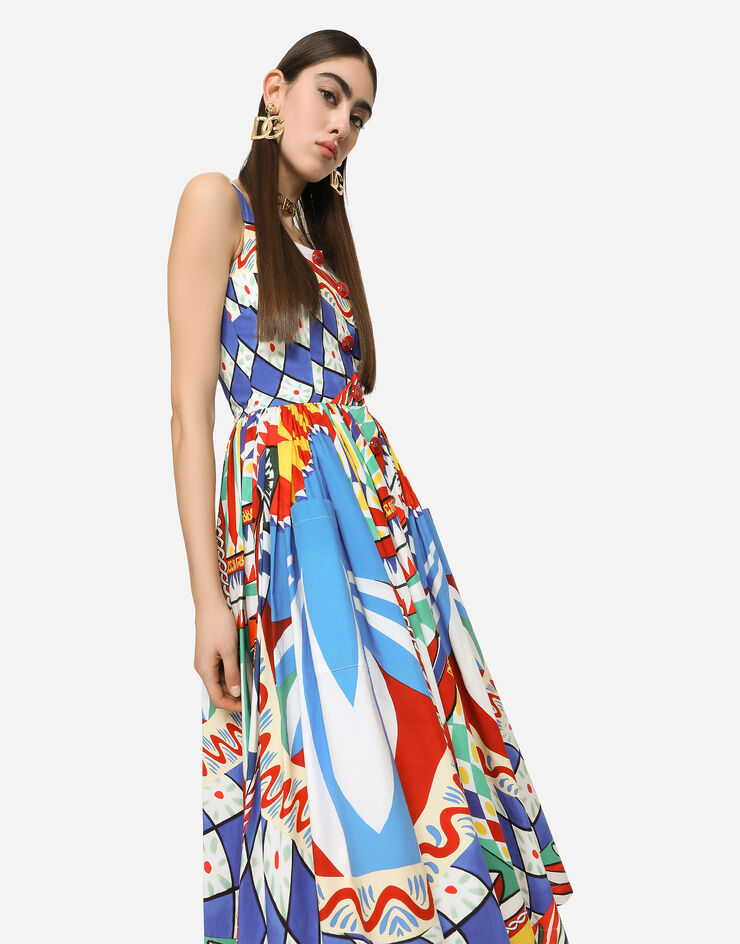 Dolce&Gabbana Vestido longuette de popelina con estampado Carretto Multicolor F6AEATFI5GY