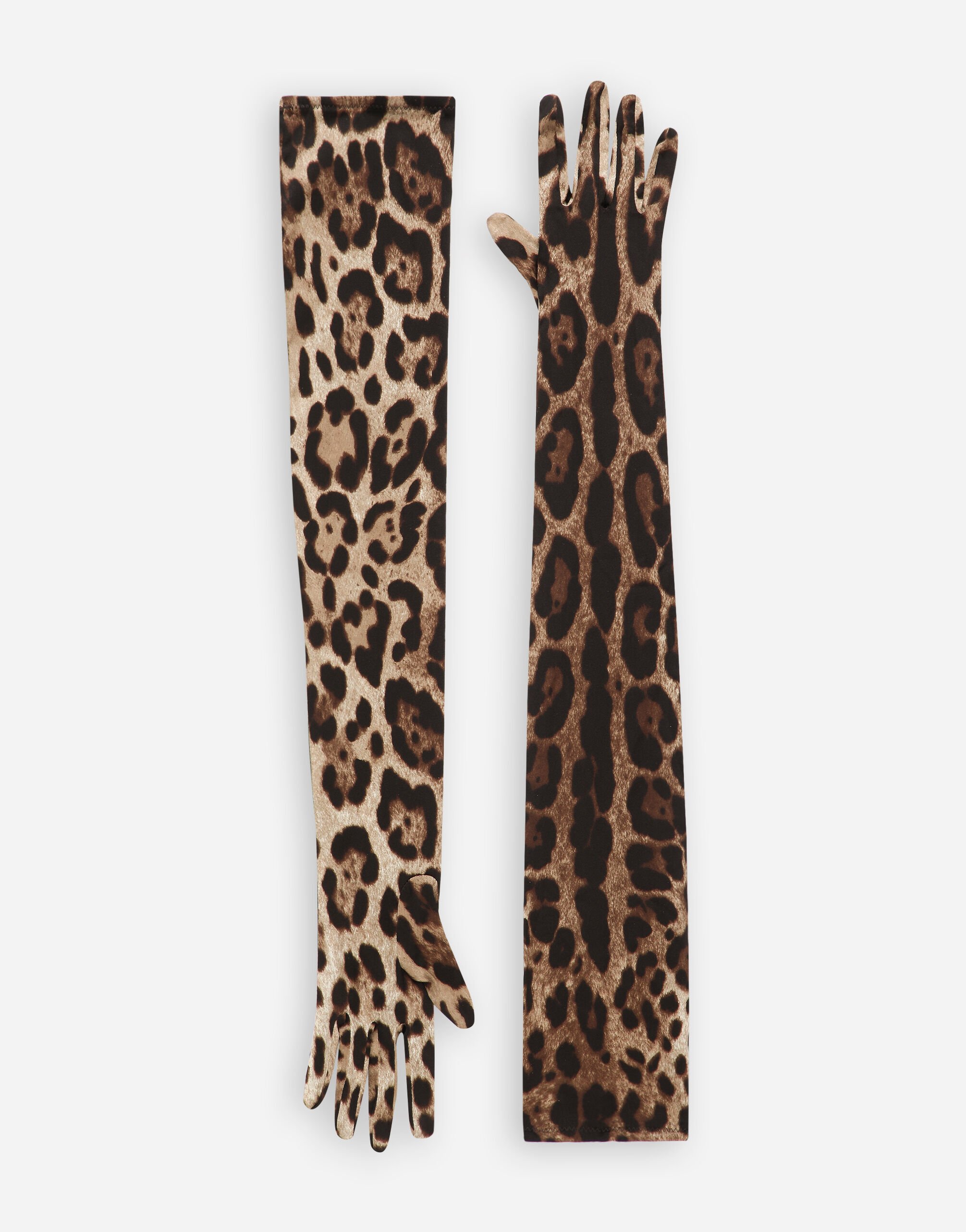 Dolce & Gabbana KIM DOLCE&GABBANA Lange Handschuhe aus Stretchsatin mit Leopardenmuster-Aufdruck Black FH652AFU2XJ