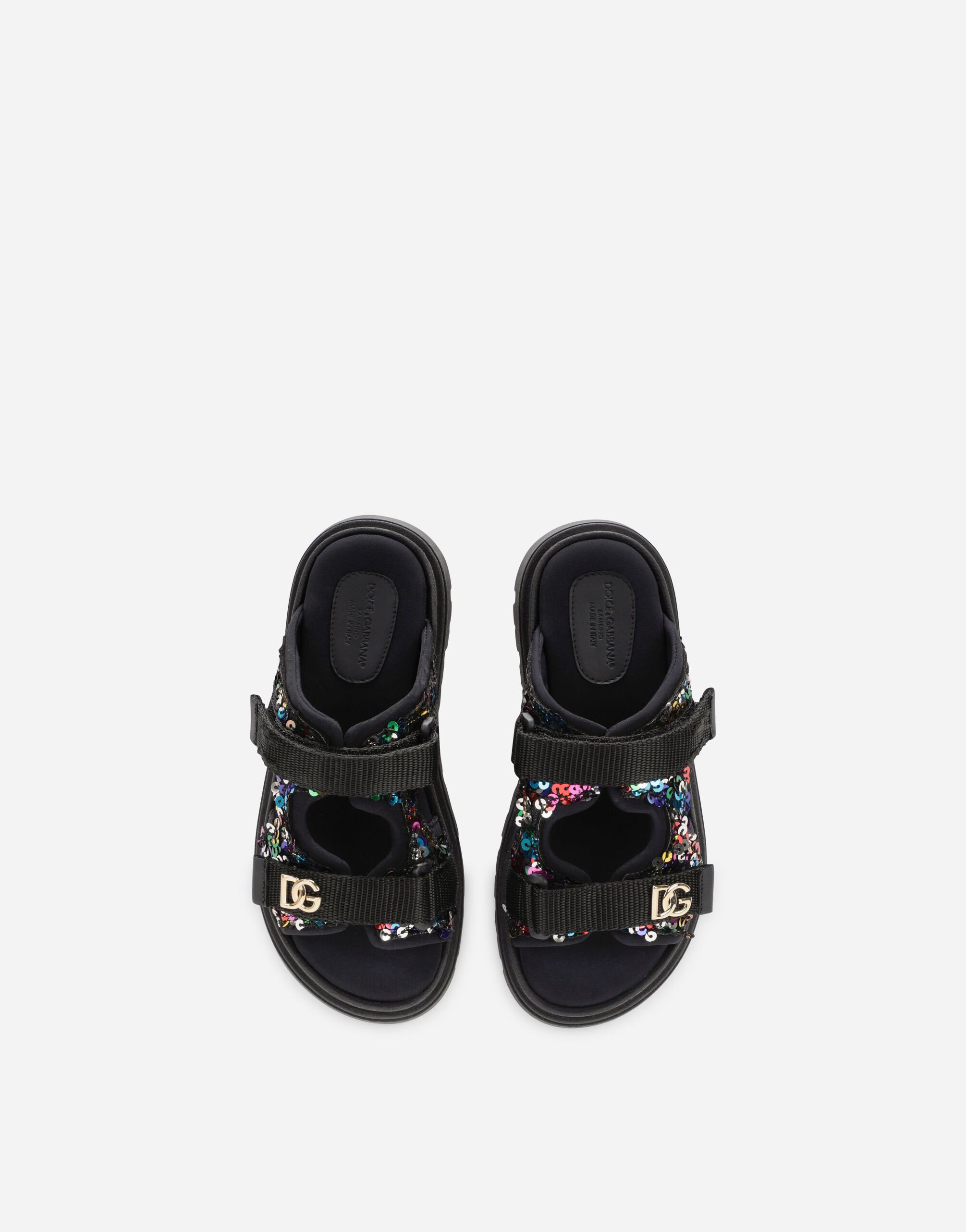 Sequined multi-colored sandals with metal DG logo in Multicolor