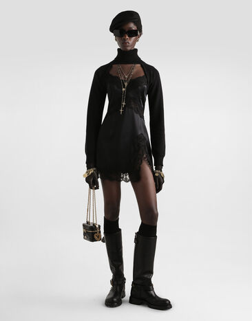 Dolce & Gabbana Kleid aus Stretchsatin mit Details aus Spitze Schwarz F6TNXTFURAD