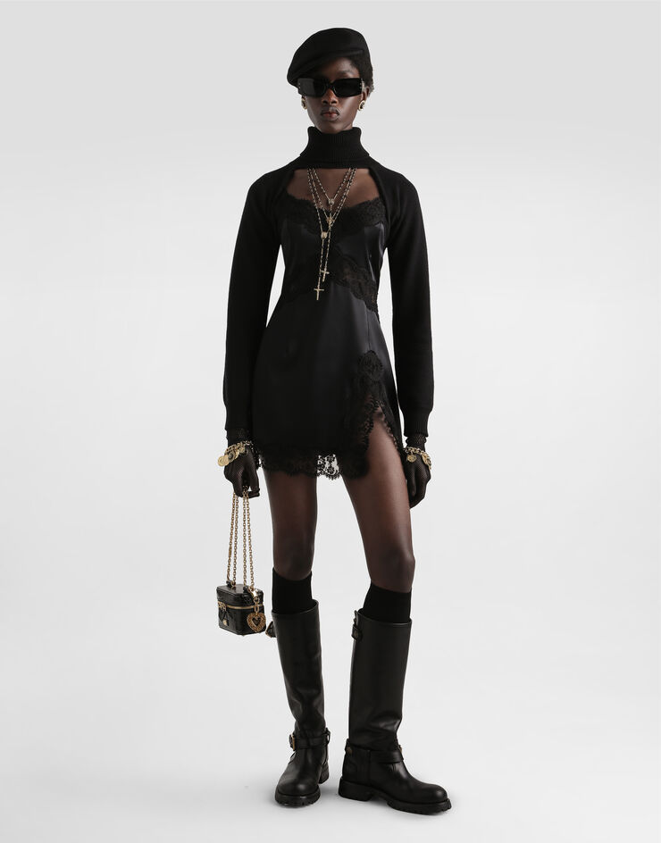 Dolce & Gabbana Stretch satin dress with lace details Black F6TNXTFURAD