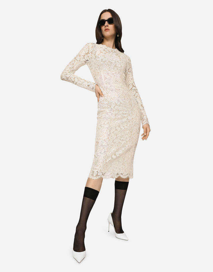 Dolce & Gabbana Long-sleeved branded stretch lace dress White F6M0DTFLRE1