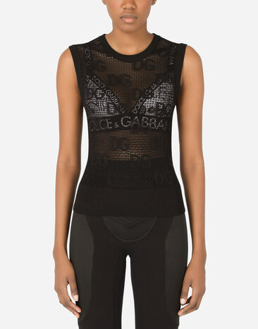 Dolce & Gabbana Sleeveless lace-stitch sweater with DG logo Black FXD66TJAIEK