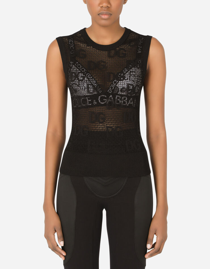 Dolce & Gabbana Sleeveless lace-stitch sweater with DG logo Black FXD66TJAIEK