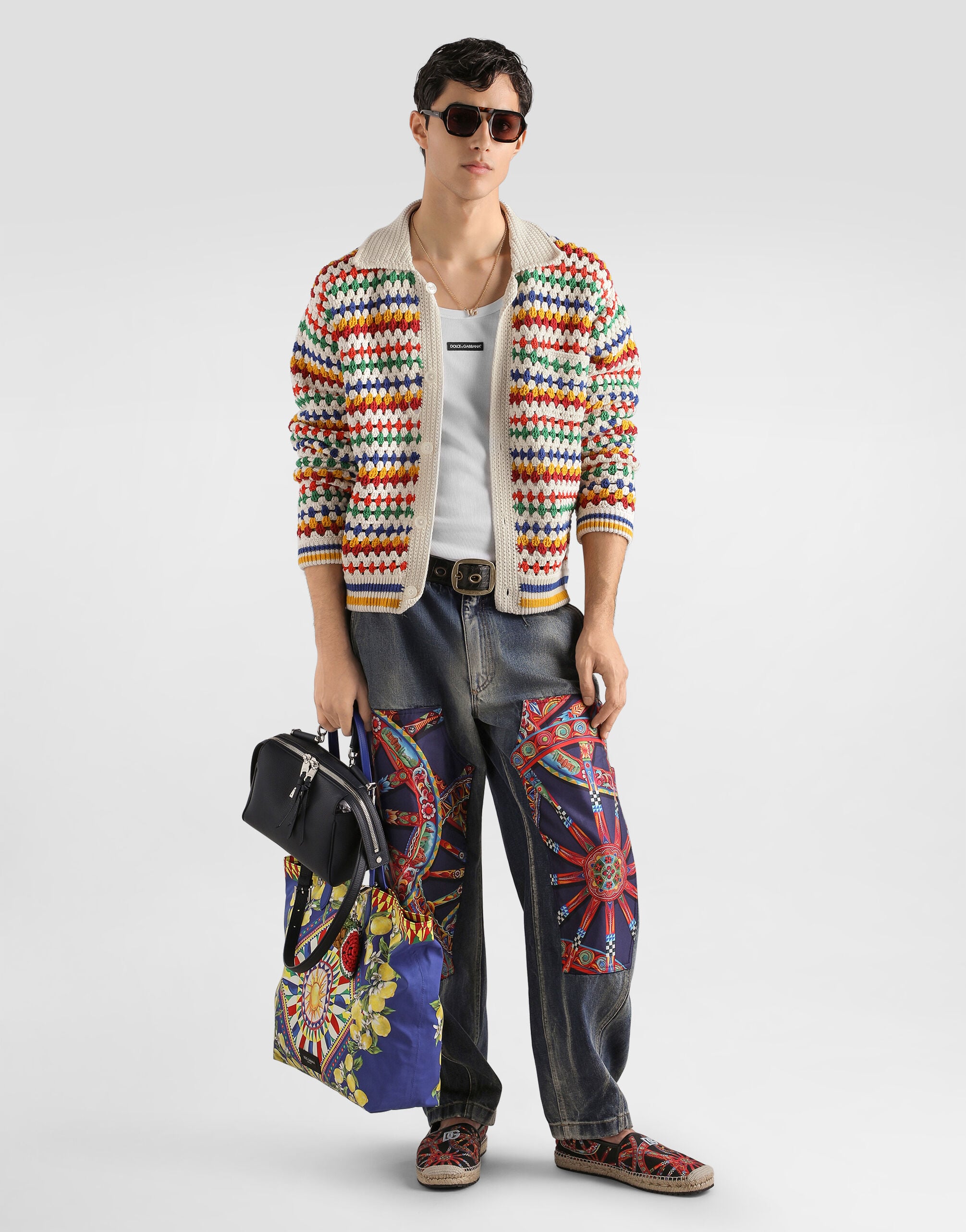 Cotton denim trousers with carretto-print applications in