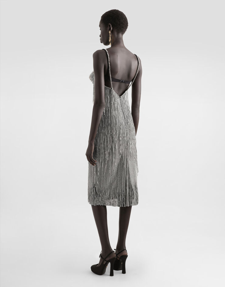 Dolce & Gabbana Marquisette calf-length dress with sequined fringing Multicolor F6TRMZGDC2M
