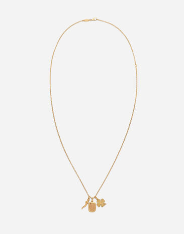 Dolce & Gabbana Anhänger Devotion aus gelb- und rotgold in rechteckiger form mit gebogenen seiten mit ovalem medaillon mit religiösem motiv, hörnchen und vierblättrigem kleeblatt an einer kette aus gelbgold GELB/ROT WALD4GWYE01