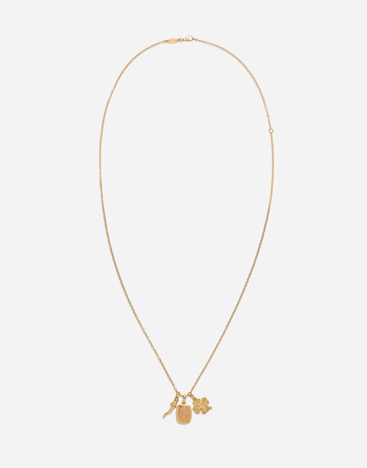 Dolce & Gabbana Pendente Devotion in oro giallo e rosso di forma rettangolare a lati curvi con medaglia religiosa ovale, cornetto e quadrifoglio su catena in oro giallo Giallo/Rosso WALD4GWYE01