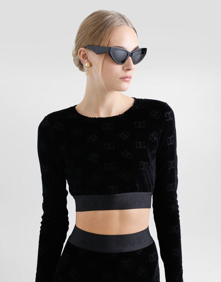 Dolce & Gabbana توب كروب من شينيل قطني بشعار DG جاكار أسود F778LTFJ7DL