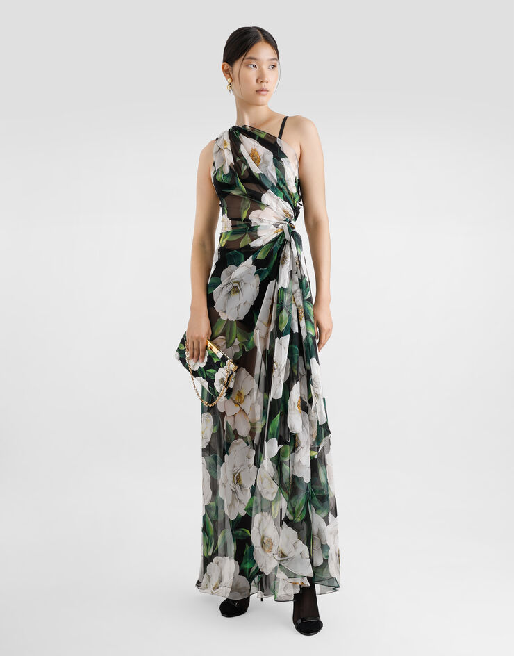 Dolce & Gabbana Long one-shoulder gardenia-print chiffon dress Print F6TLHTIS1XD