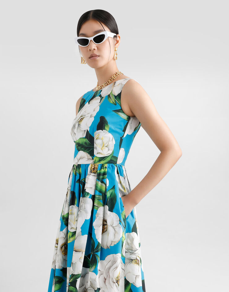 Dolce & Gabbana Cotton calf-length babydoll dress with gardenia print Print F6JHVTHS5TJ