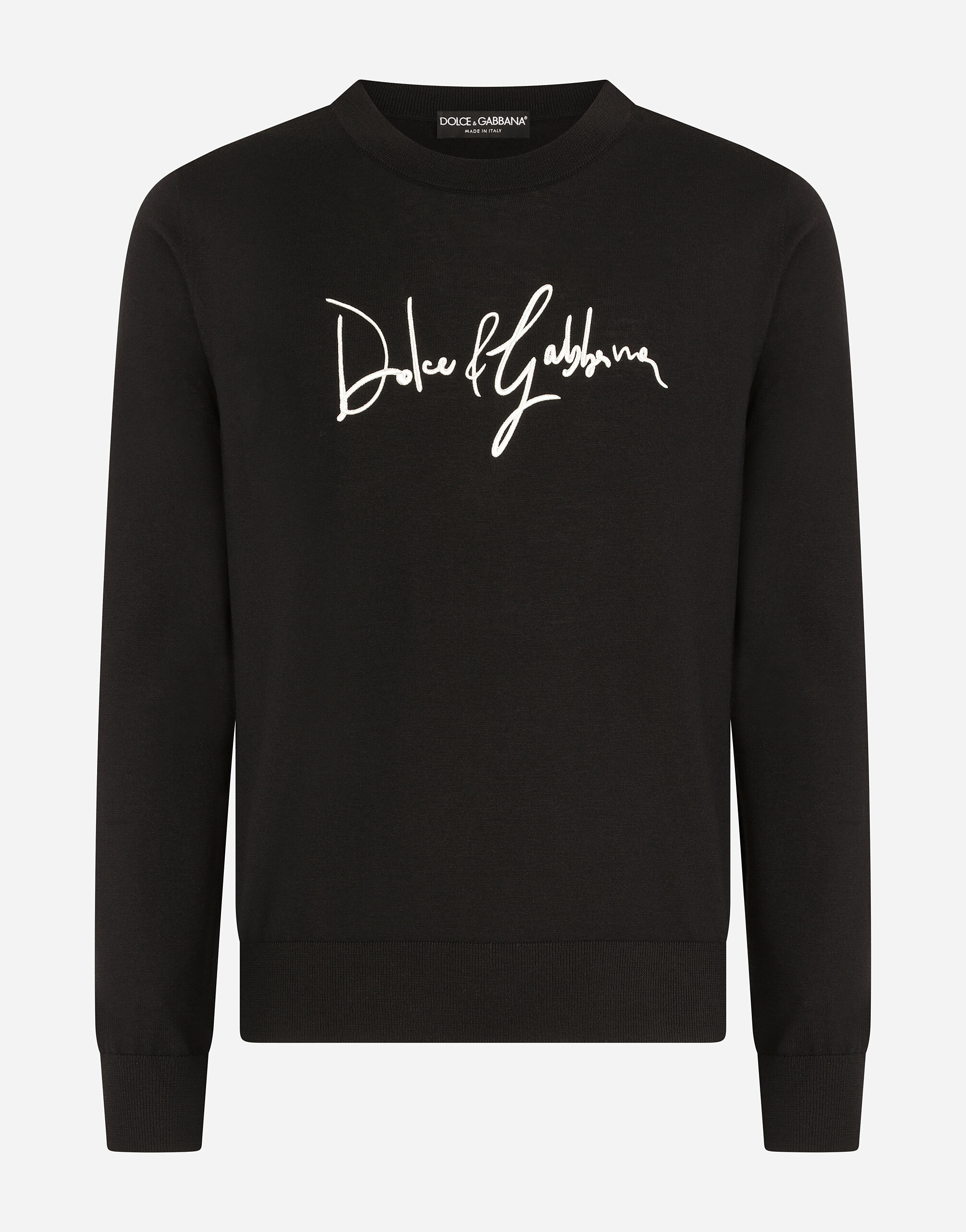 Wool round neck sweater with Dolce Gabbana embroidery in Black for Men Dolce Gabbana