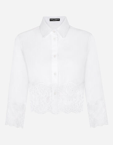 Dolce & Gabbana Kurze Bluse aus Popeline mit Einsätzen aus Spitze Weiss F5P62TGDB8O