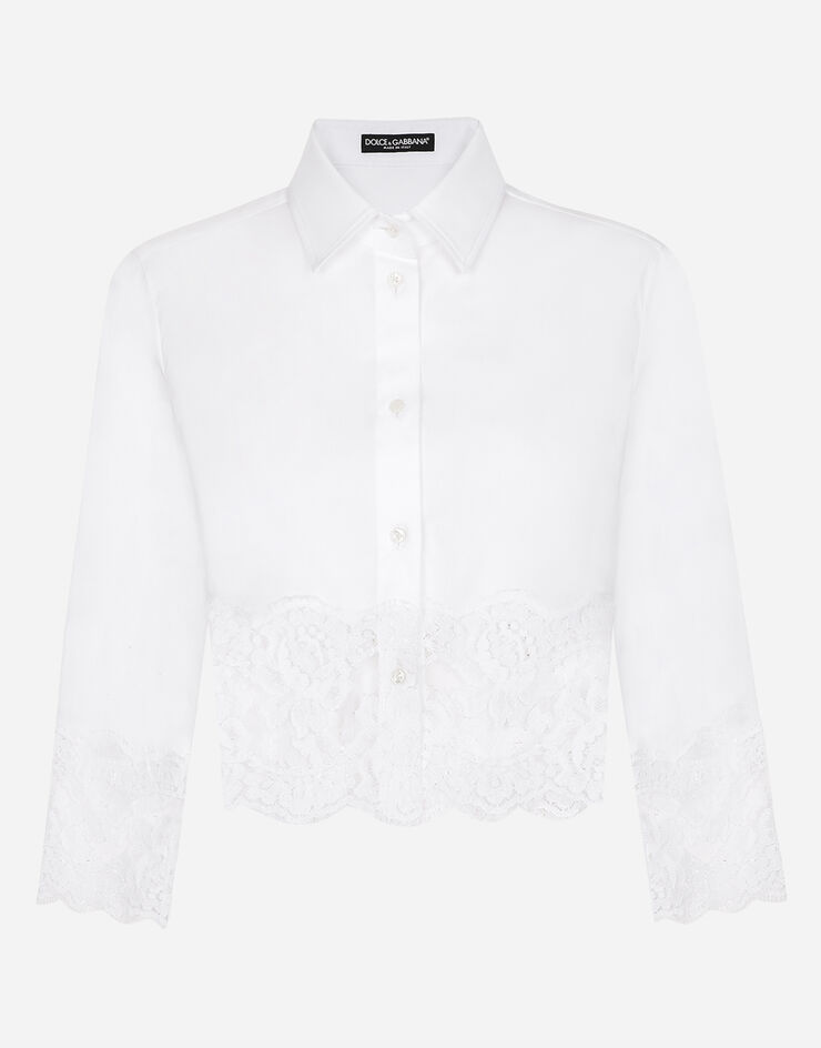 Dolce & Gabbana قميص بوبلين كروب بتطعيمات دانتيل أبيض F5Q65TFUEEE