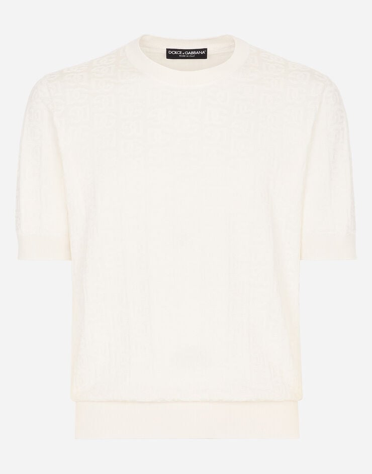 Dolce & Gabbana Silk jacquard round-neck sweater with DG logo White GXX03TJBSOS