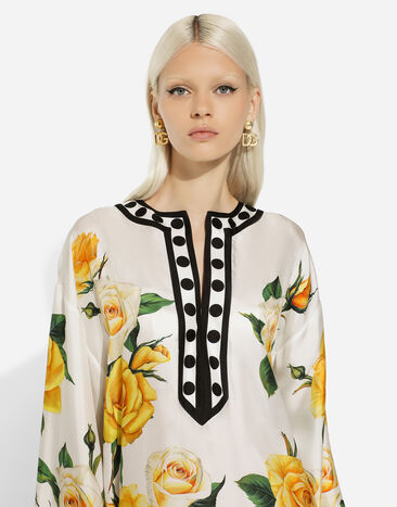 Dolce & Gabbana Kaftan mit Kimonoärmeln aus Seide Gelbe-Rosen-Print Drucken F6ARJTGDA9D