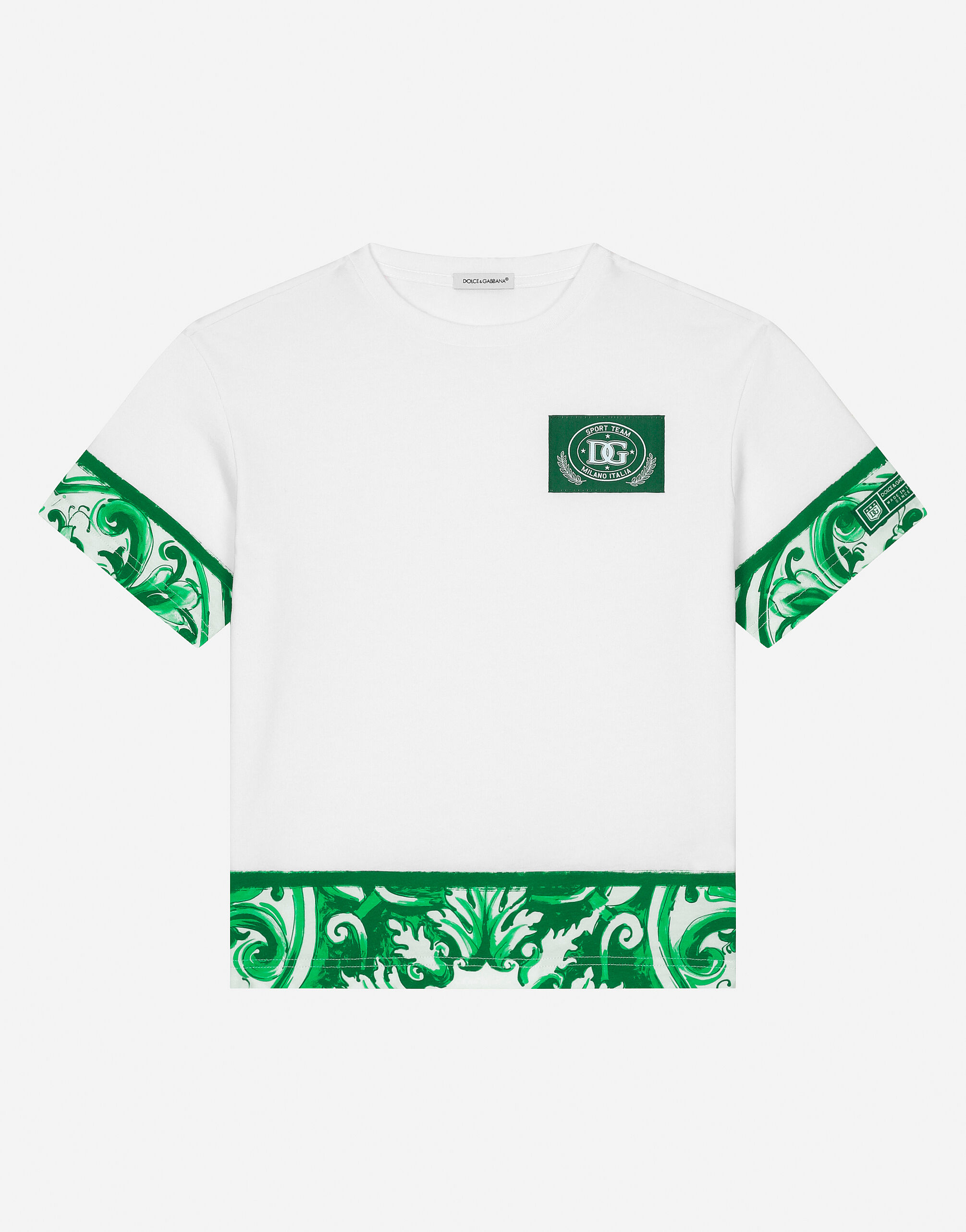 Jersey T shirt with all over green majolica print in White for Boys Dolce Gabbana