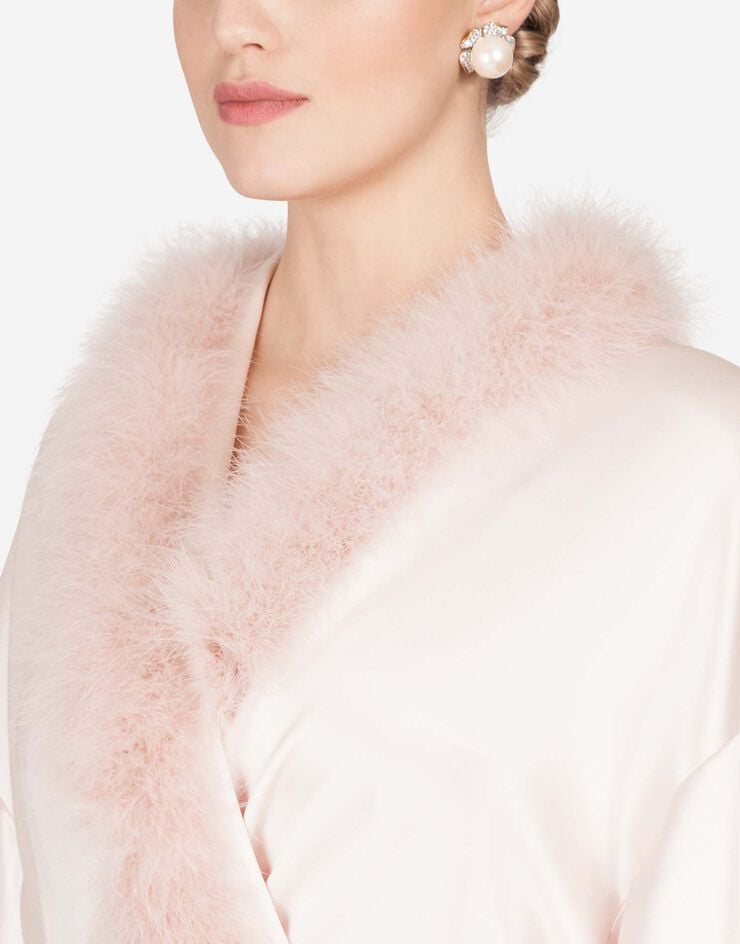 Dolce & Gabbana SHORT SILK ROBE WITH MARABOU EDGINGS PINK F0Y82ZFU1NU