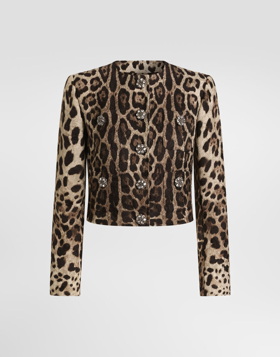 Leo-print brocade single-breasted jacket with jewel buttons