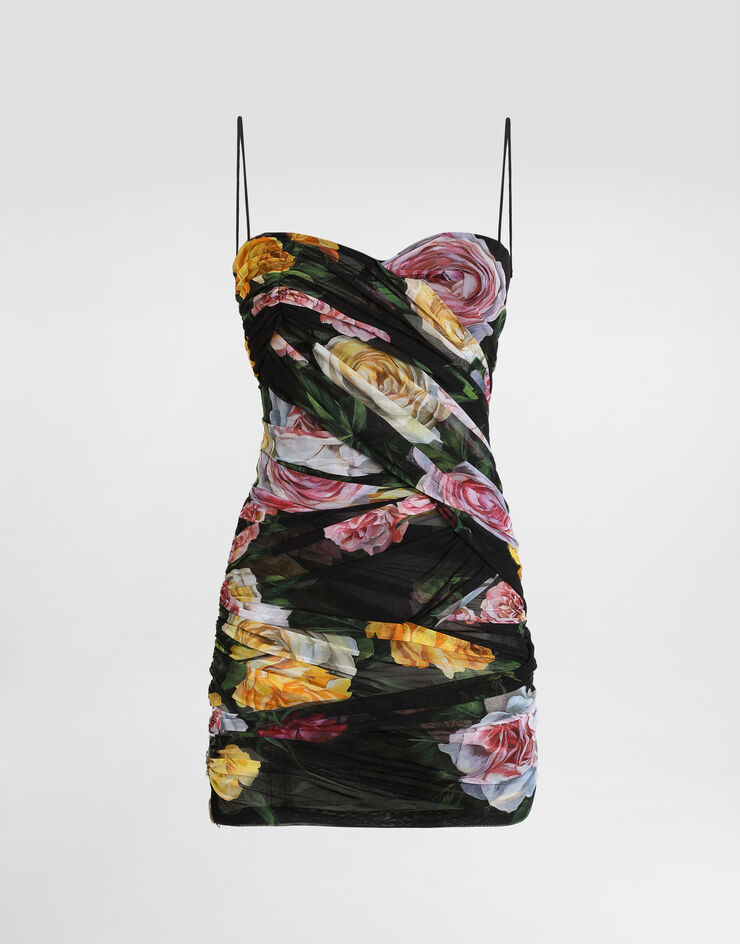 Dolce & Gabbana Vestido corto de tul drapeado con estampado de peonías y rosas Imprima F6TLETFSUBI