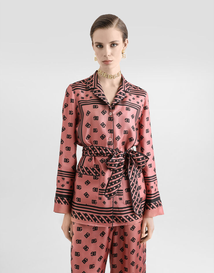 Dolce & Gabbana Silk twill pajama shirt with all-over DG logo scarf print Pink F5I89TGDCVJ