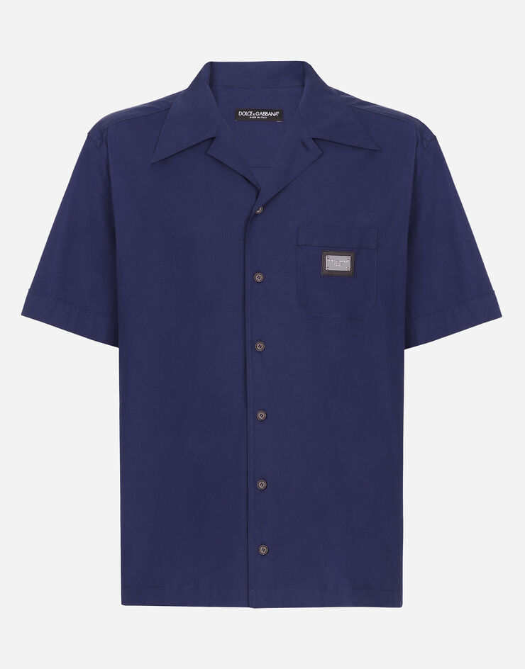 Dolce & Gabbana Camisa Hawaii de algodón con placa con logotipo Bleu G5JH9TGF855