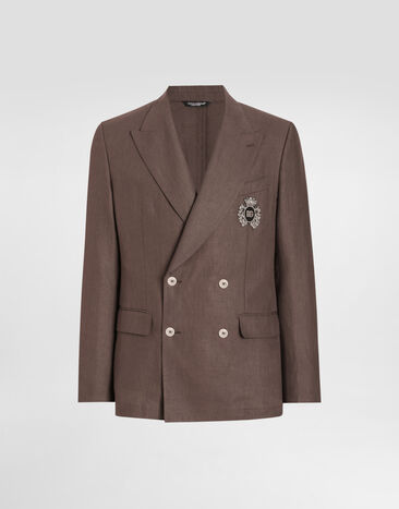 Dolce & Gabbana Double-breasted linen jacket with patch Black G2QS7TFU4MC