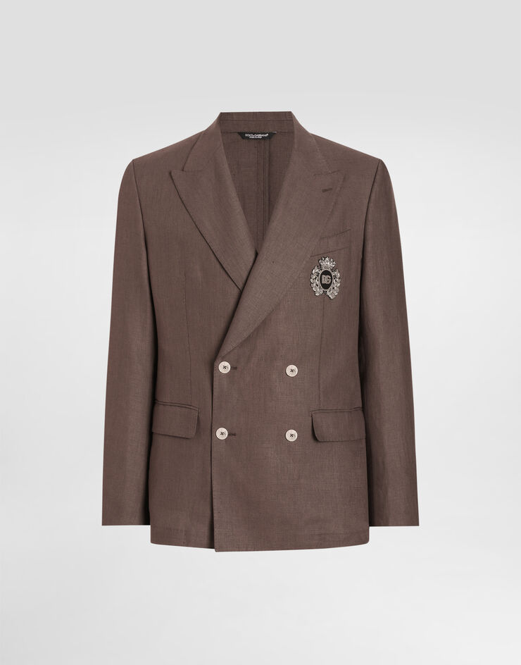 Dolce & Gabbana Zweireihige Jacke aus Leinen mit Patch Braun G2TJ2ZFU4LF