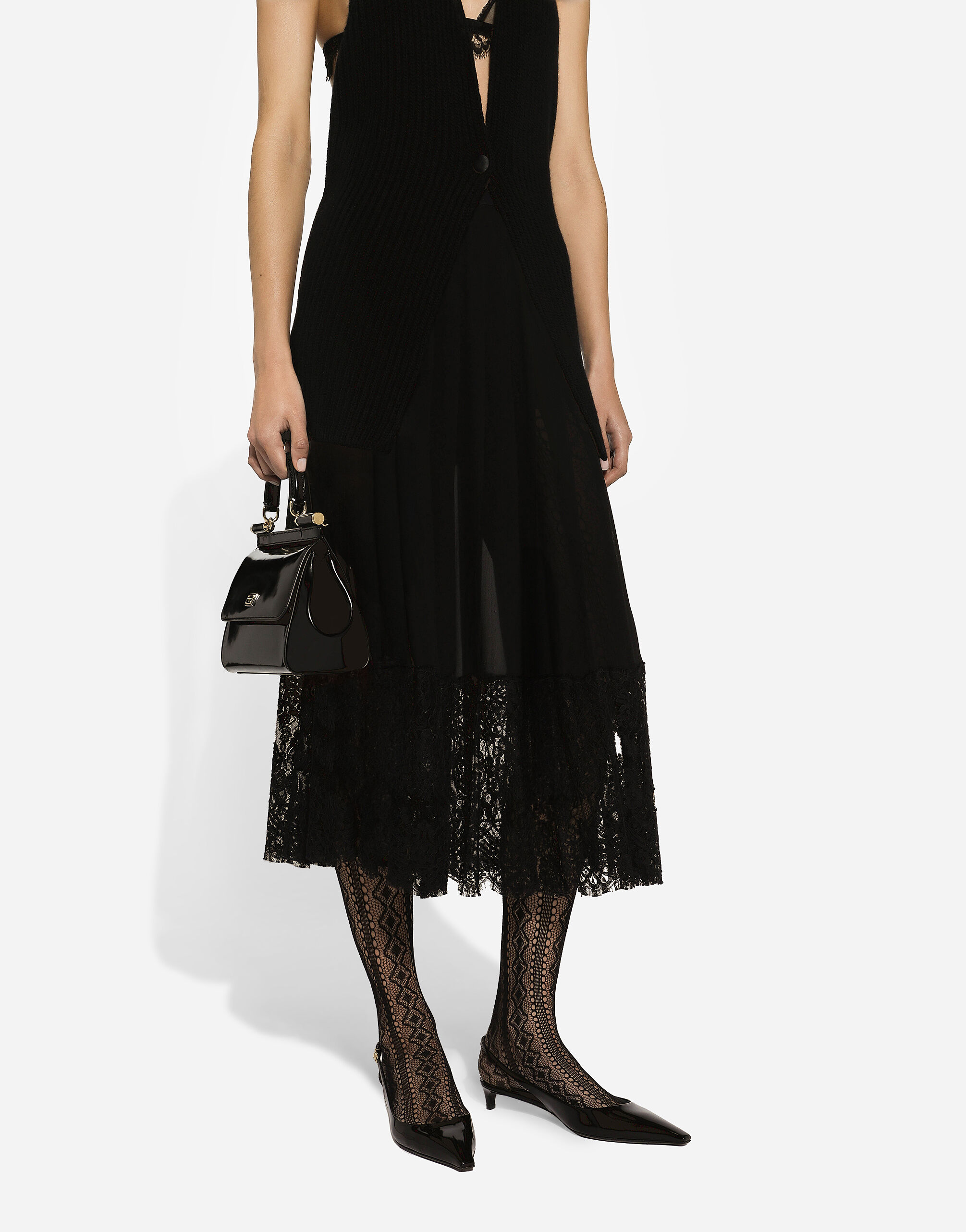 Long georgette skirt with lace edgings in Black for Women