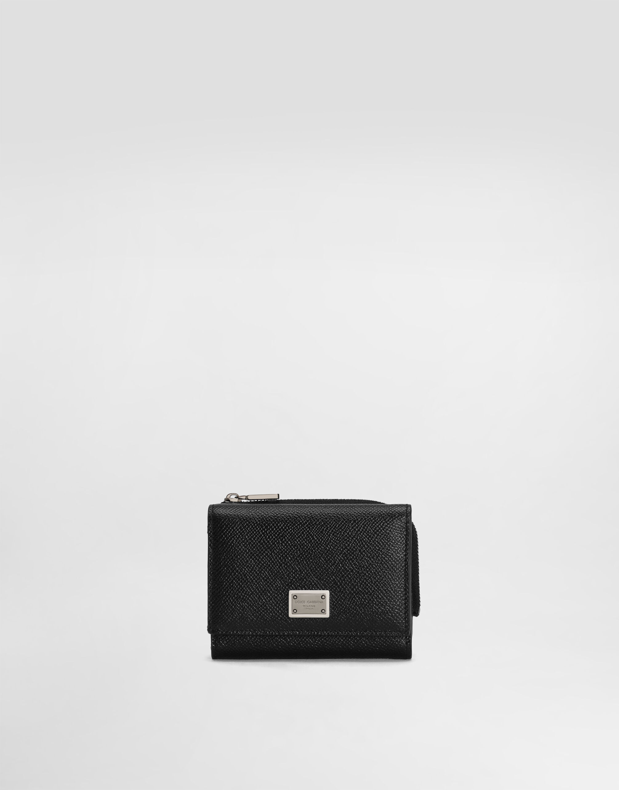 Calfskin French flap wallet with logo tag in Black for Men Dolce Gabbana