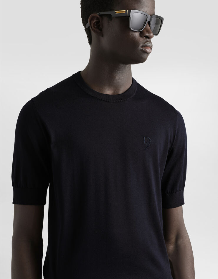Dolce & Gabbana Silk round-neck sweater with DG embroidery Blue GXX03ZJBSK3