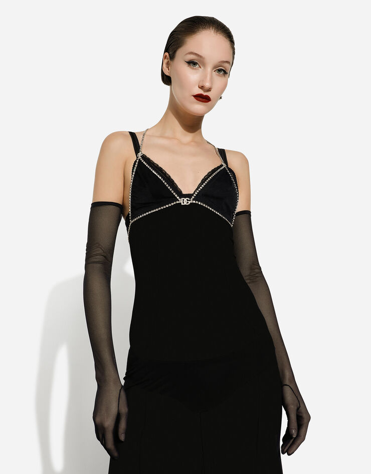 Dolce&Gabbana Langes Slip Dress aus Tüll Schwarz F6DCMTFLREY