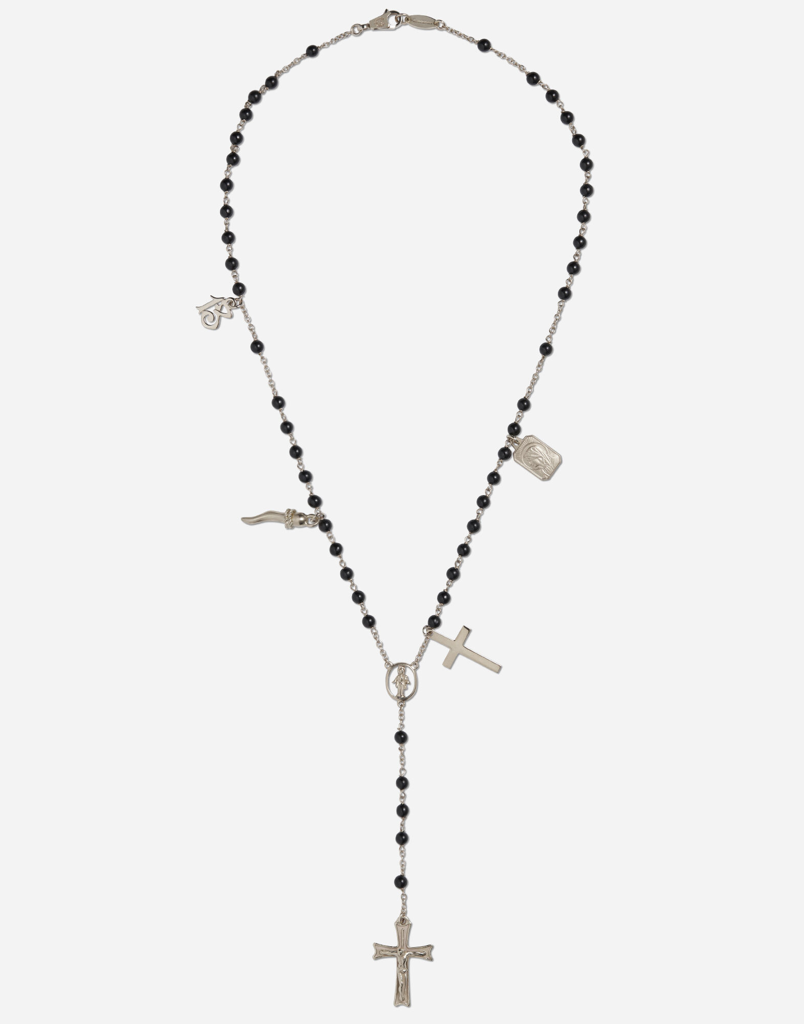 White gold Sicily rosary necklace with black jade spheres in White