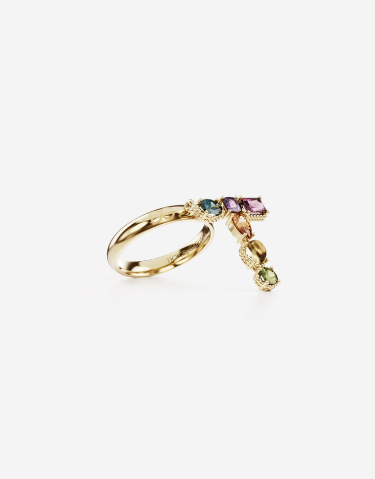 Dolce & Gabbana Rainbow alphabet T ring in yellow gold with multicolor fine gems OR WRMR1GWMIXT