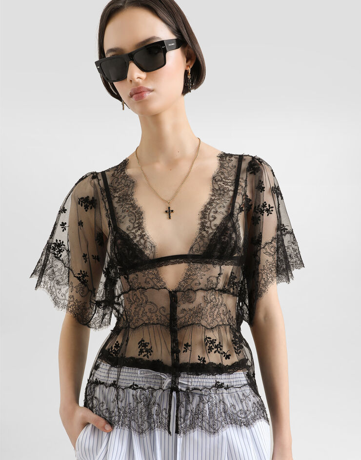 Dolce & Gabbana Tulle top with flower embroidery Black F7BO2TILMD3