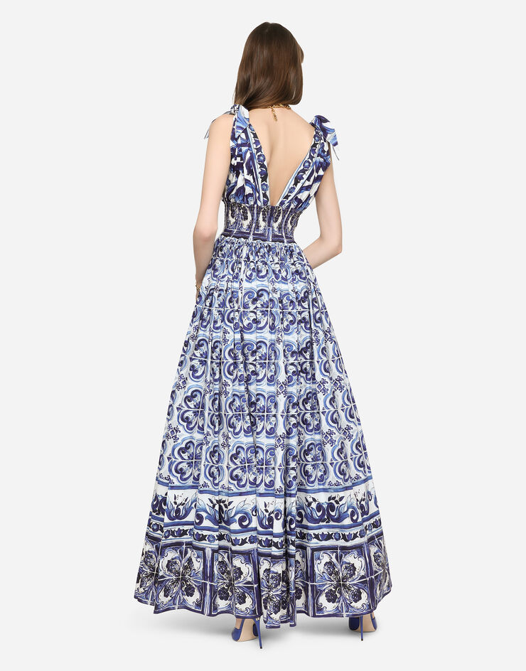 Dolce&Gabbana Langes Kleid aus Popeline Majolika-Print Mehrfarbig F6ADOTHH5AP