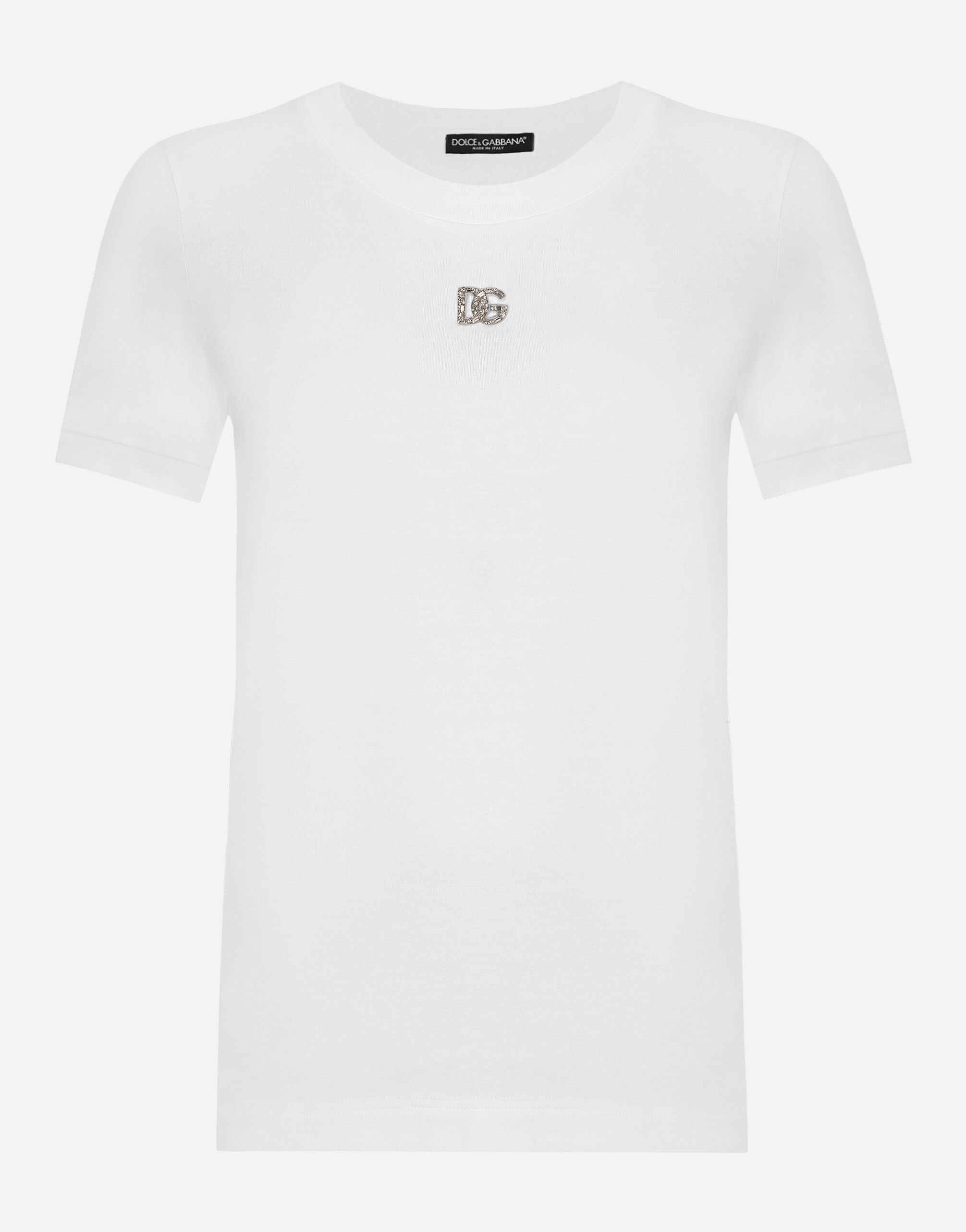 Dolce & Gabbana Cotton T-shirt with Crystal DG logo White F9R58ZGDCBG