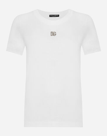 Dolce & Gabbana Cotton T-shirt with Crystal DG logo White F9R58ZGDCBG