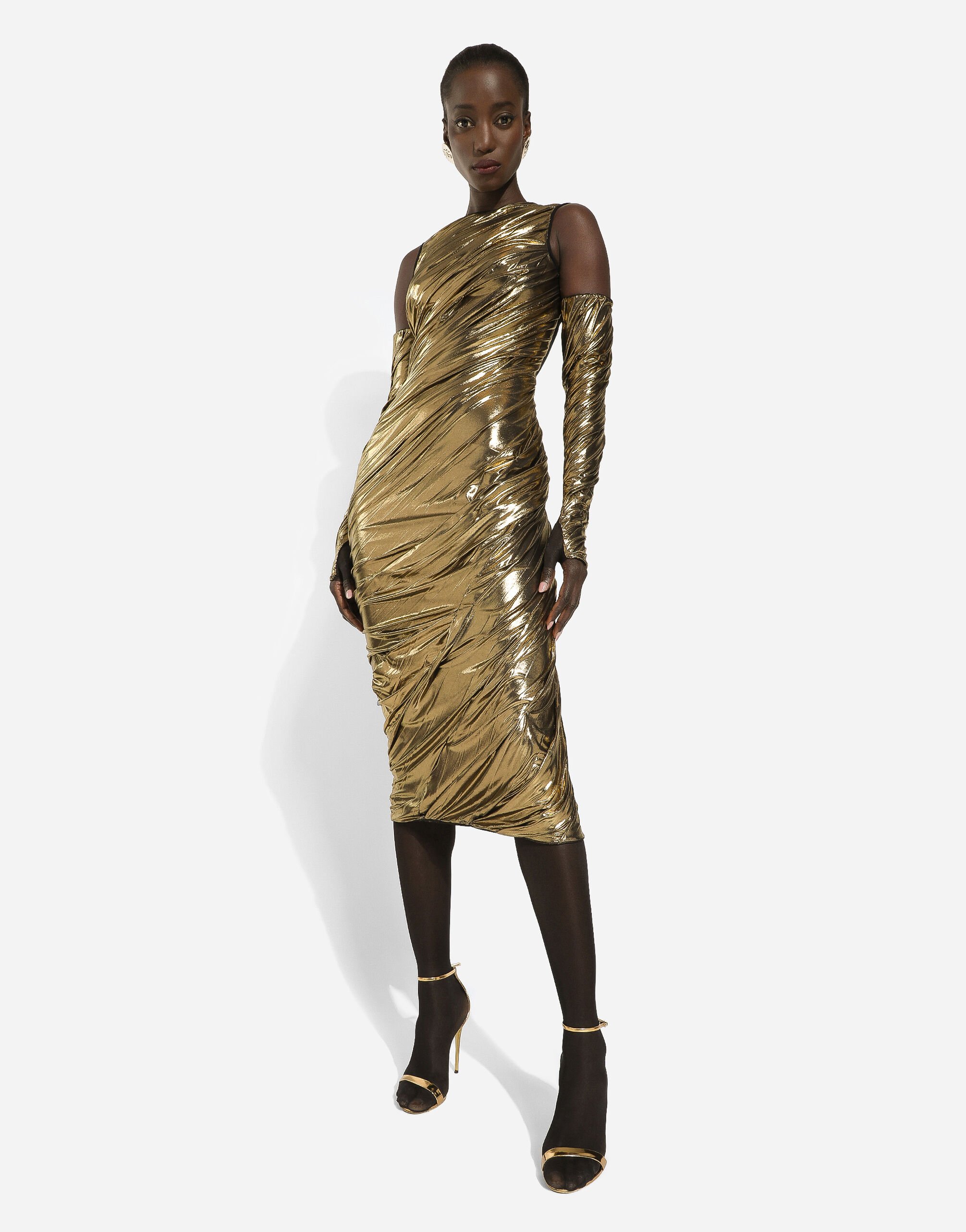 Foiled organzine calf length dress with gloves in Gold for