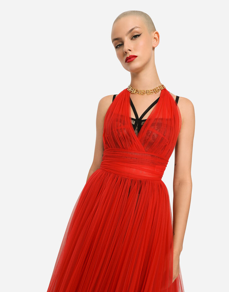 Dolce & Gabbana Tulle calf-length dress with sunray pleats Red F6R8HTHLM0U