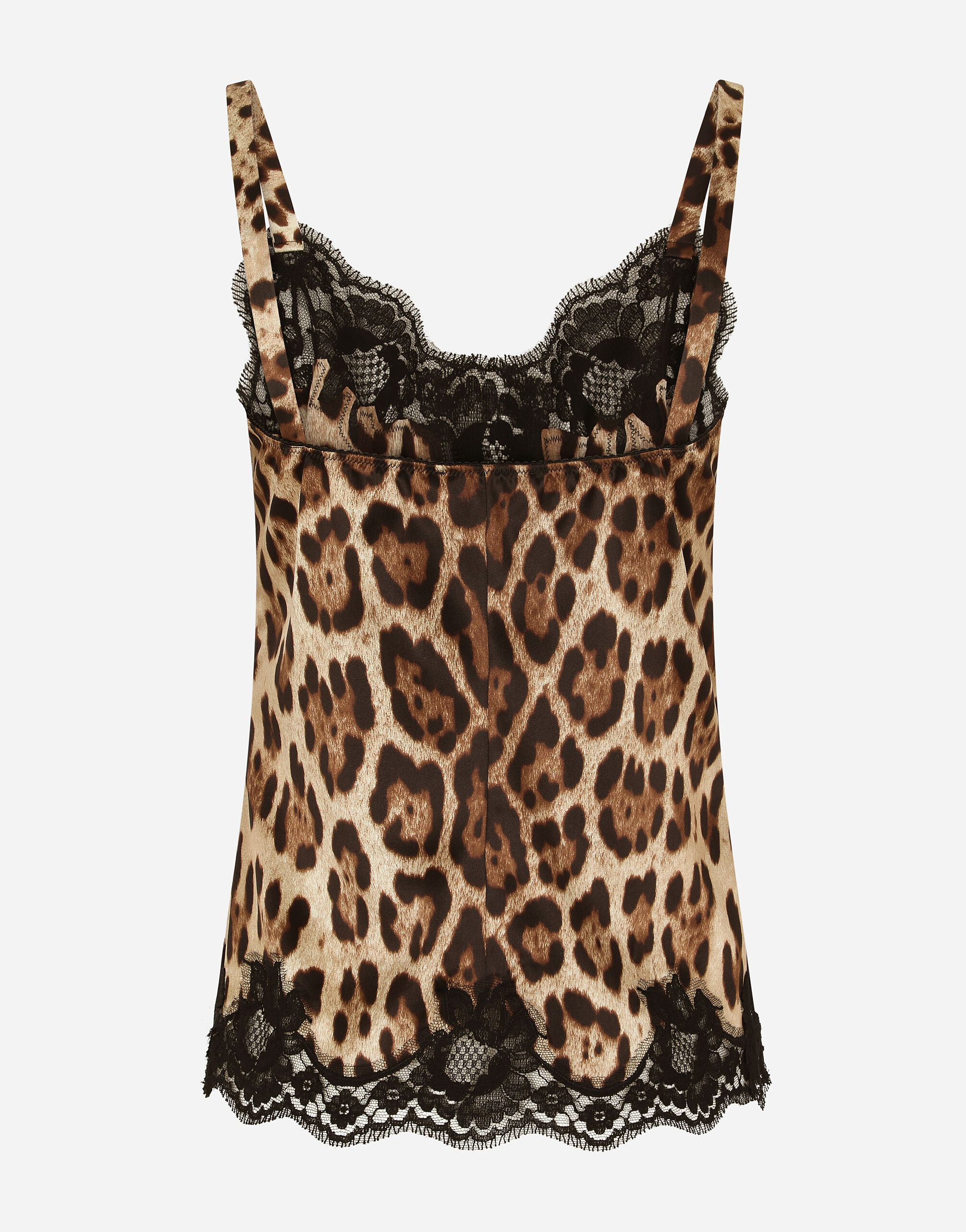 Leopard-print satin lingerie-style top with lace detailing in