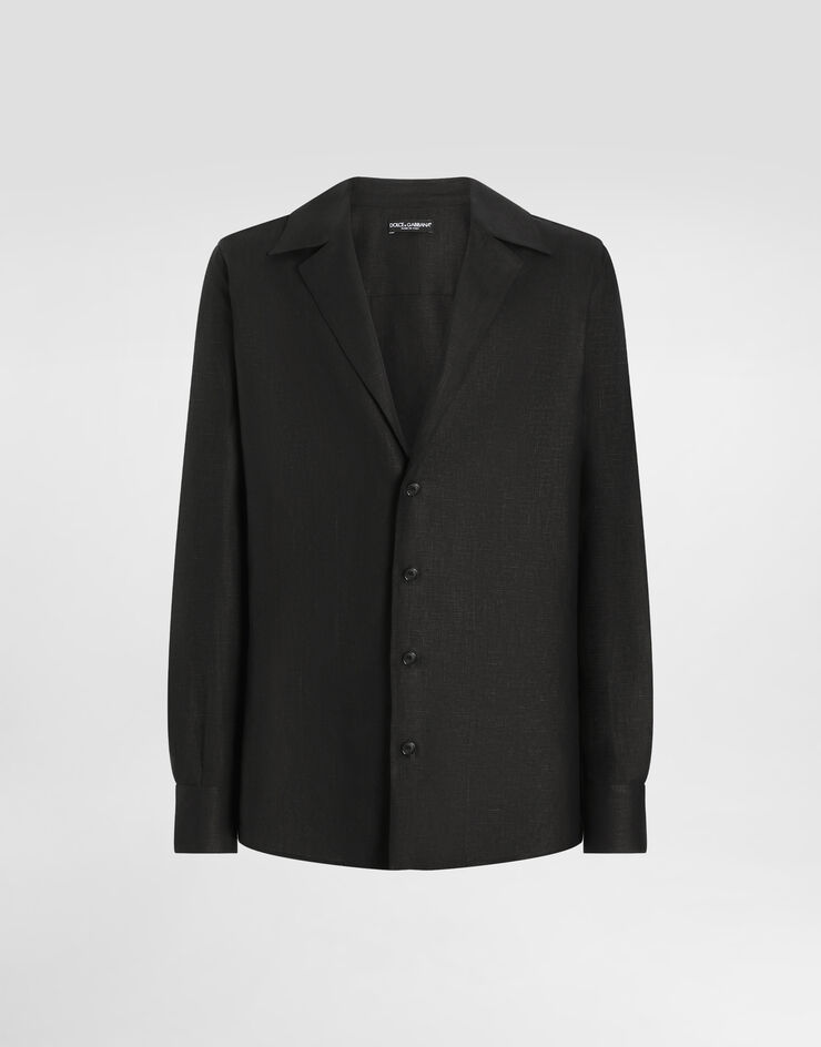 Dolce & Gabbana Long-sleeved V-neck shirt in linen fabric Black G5MX5TFU4MC