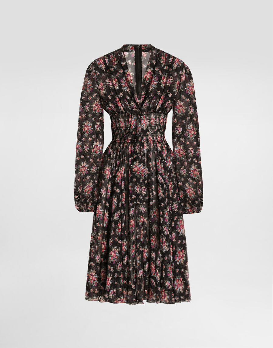 Small flower bouquets-print chiffon dress