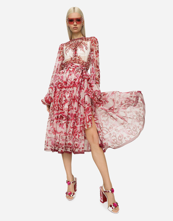 Dolce&Gabbana Vestido midi de chifón con estampado Maiolica Multicolor F6AOJTHI1ME