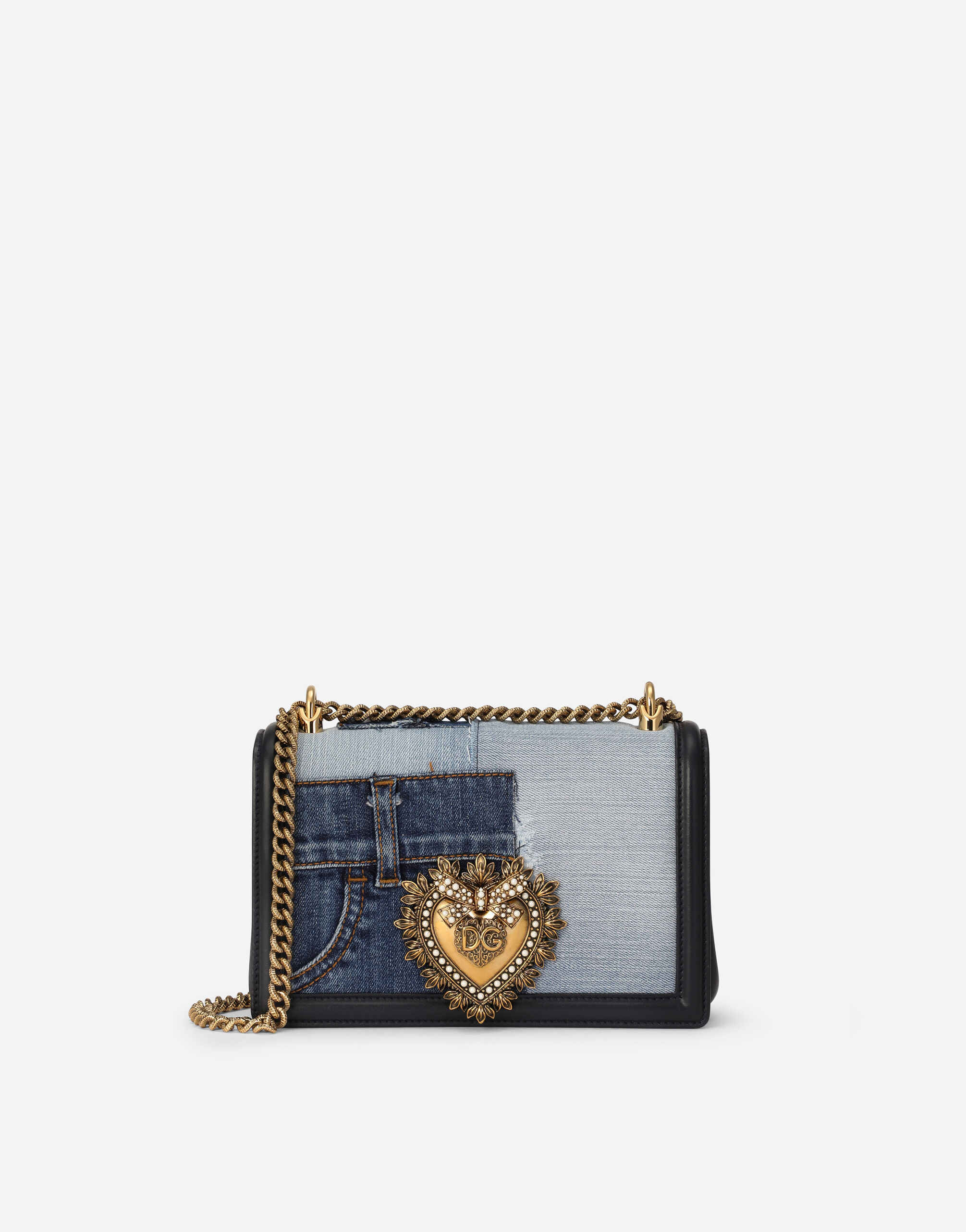 Dolce & Gabbana Medium Devotion bag in patchwork denim and plain calfskin Red BB7158AW437